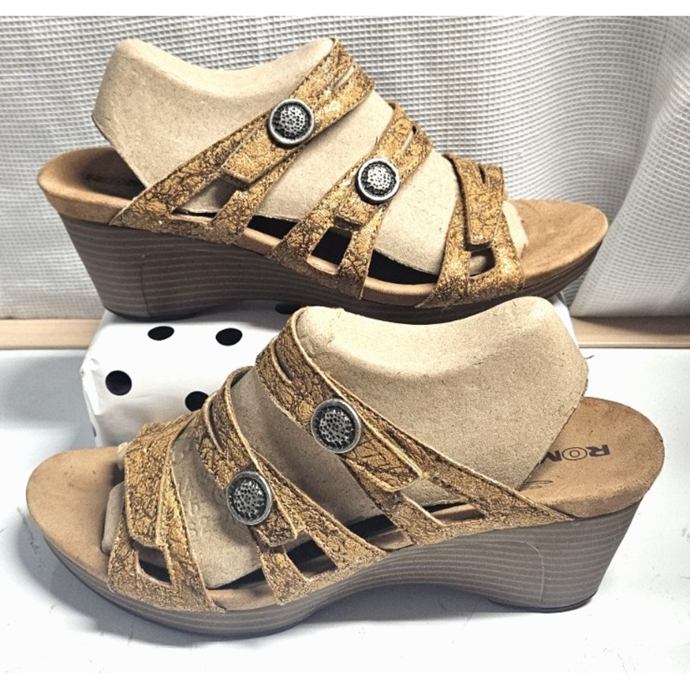 ROMIKA Jamaika 02 leather wedge sandals tetured brown buttons‎ 41/US10